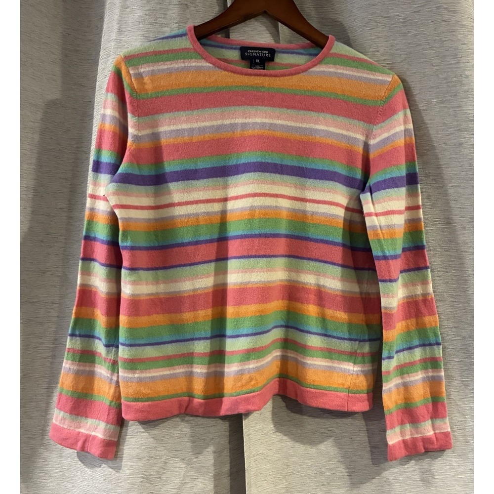 Jones New York Signature Pastel Rainbow Striped Wool Cashmere Sweater XL Y2K
